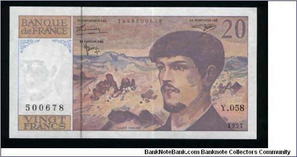 20 Francs.

Claude Debussy and sea scene (la Mer) in background; C.Debussy and lake scene in background on back.

Pick #151i Banknote