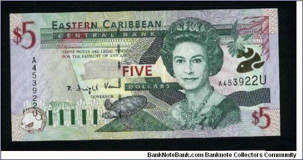 NOTES FROM ANGUILLA (Eastern Carribbean States).

5 Dollars.

Queen Elisabeth II and turlte on face; Admiral's House in Antigua and Barbuda at left, Trafalgar Falls in Dominica at right on back.

Pick #37g Banknote