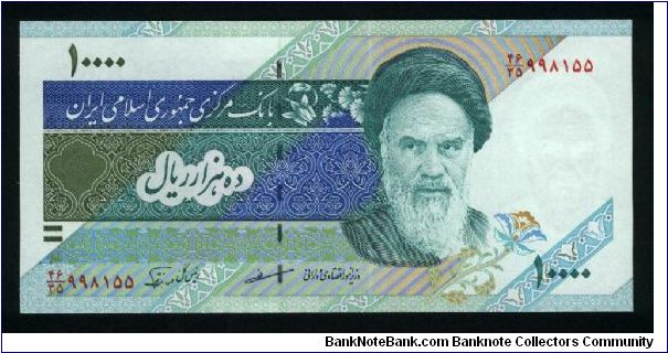 10000 Rials.

Ayatollah Khomeini on face; mount Damavan at center on back.

Pick #146 Banknote