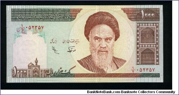 1000 Rials.

Ayatollah Khomeini on face; mosque of Omar (Dome of the Rock) in Jerusalem at center on back.

Pick #143a Banknote