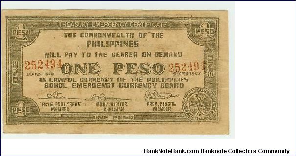 VERY SCARCE!! Philippine One Peso Guerilla Note from Bohol, on Thick Waxpaper-like stock! Banknote