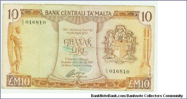 SCARCE 10 POUND NOTE FROM THE CENTRAL BANK OF MALTA. Banknote