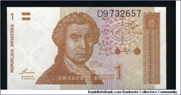 1 Dinar.

R.Boskovic and geomatric calculations on face; Zagreb cathedral and artistic rendition of city buildings behind, in vertical format, on back.

Pick #16 Banknote
