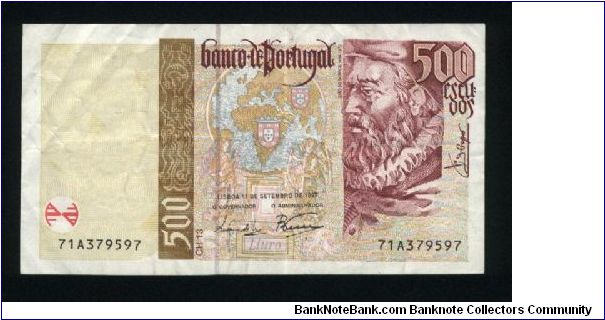 500 Escudos.

Quincentenary of Portuguese Discoveries Series.

Joao de Barros at right, crowned shields on global wiew at upper center, angels below at left and right in underprinting on face; allegory of the Portuguese Discoveries at left center, illustrations from the Grammer at left in underprinting, on back.

Pick #187b Banknote