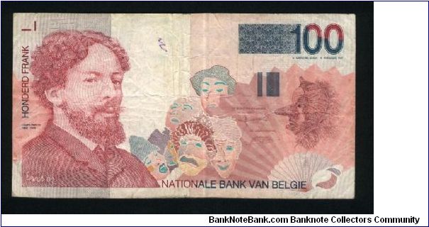 100 Francs.

James Ensor, masks at lower center and at right on face; beach scene at left on back.

Pick #147 Banknote