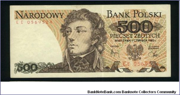 500 Zlotych.

T. Kosciuszko at center on face; arms and flag at left center on back.

Pick #145c Banknote
