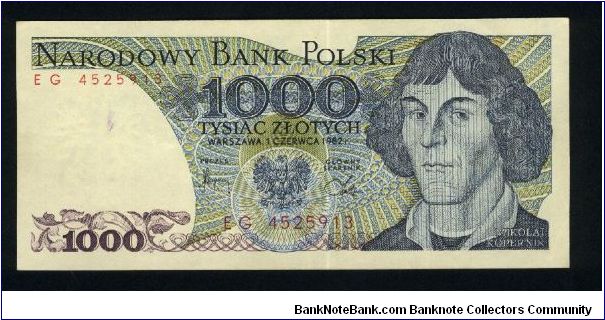 1000 Zlotych.

Copernicus at right on face; astrological symbols on back.

Pick #146b Banknote