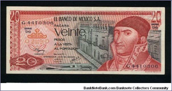 20 Pesos.

J. Morelos y Pavon at right with building in background on face; pyramid of Quetzalcoatl on back.

Pick #64d Banknote