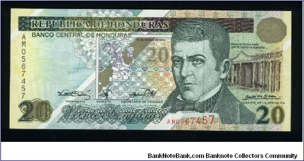 20 Lempiras.

50th Anniversary of the Central Bank and Year 2000.

D. Herrera and Government House at right on face; Work, effort and unity sculpture on back.

Pick #83 Banknote