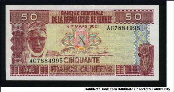50 Francs.

Bearded man at left on face; plowing with water buffalo at center on back.

Pick #29a Banknote