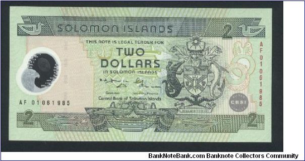 2 Dollars.

Commemorative Issue; 25th Anniversary Central Bank of Solomon Islands.

Arms at right on face; fishermen on back.

Pick #23 Banknote