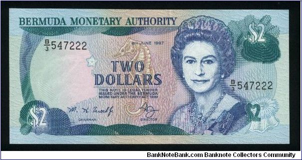 2 Dollars.

Mature bust of Quenn Elizabeth II at right on face; dockyards clock tower building at upper left, map at center, map at center right on back.

Pick #40A-b Banknote