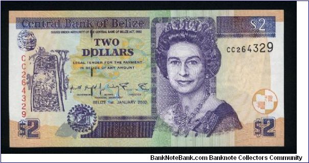 2 Dollars.

Older facing portrait of Queen Elizabeth II at right, carved stone pillar at left on face; Mayan ruins of Belize on back.

Pick #60b Banknote