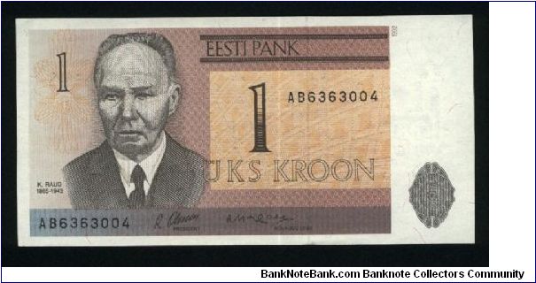 1 Kroon.

K. Raud at left on face; Toampea castle with Tall Hermann (national landmarks) on back.

Pick #69a Banknote