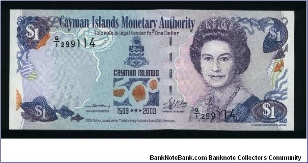 1 Dollar.

Commemorative Issue, 500th Anniversary of Discovery.

Queen Elizabeth II at right on face; fish and coral at center on back.

Pick #30a Banknote