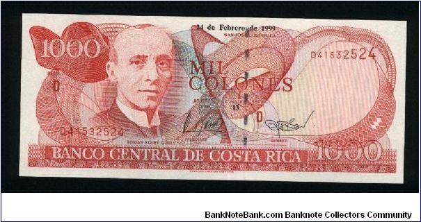 1000 Colones.

T. Soley Guell at left on face; National Insurance Institute at center right on back.

Pick #264a Banknote