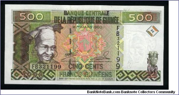 500 Francs.

Woman at left, arms at center and traditional wooden sculpture at right on face; minehead at center on back.

Pick #36 Banknote