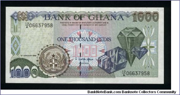 1000 Cedis.

Jewels at right, arms at lower left center on face; harvesting, splitting cacao pods at left center on back.

Pick #29b Banknote