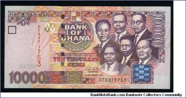 10000 Cedis.

Kwame Nkrumah and five other leaders at right on face; Independence Square at center on back.

Pick #35 Banknote