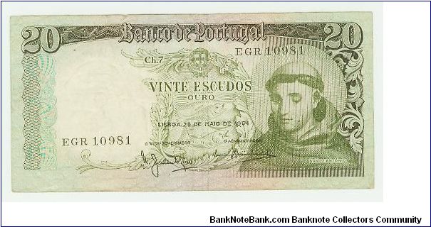 VERY NICE VINTE ESCUDOS FORM PORTUGAL. Banknote
