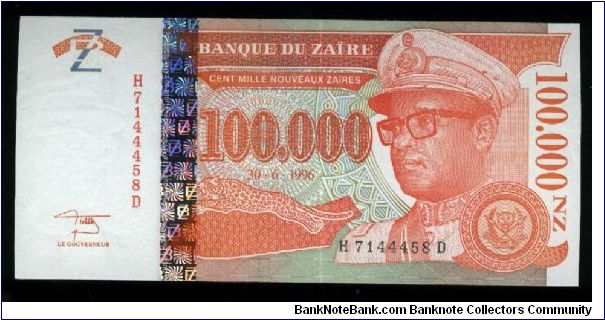 Old Republic of Zaire.

100000 Nouveaux Zaires.

Mobutu in military dress at right on face; value on back.

Pick #77 Banknote
