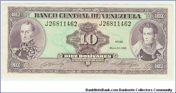 BEAUTIFUL 1990 VENEZUELAN 10 BOLIVARES. Banknote