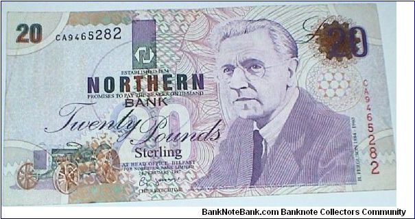 Northern Ireland. H Fergusion. City Hall Belfast.Issued by Northern Bank.  same type as stolen in bank robbery & replaced by slightly different design in 2004. 20 Pounds. Banknote