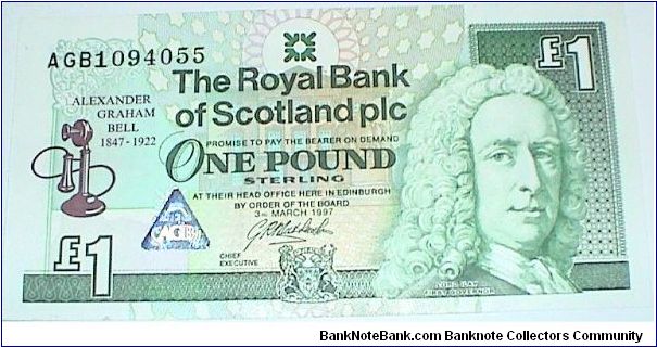 1 Pound.Royal Bank of Scotland. 150th Birth Anniversary of Alexander Graham Bell Commemorative. Banknote