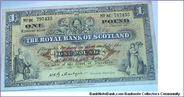 1 Pound. Royal Bank of Scotland. Depicts Edingburgh & Glasgow on the back. Banknote