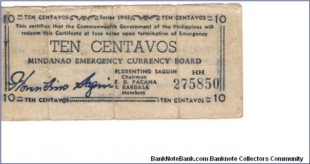 S-502 Mindanao Emergency Currency Board 10 Centavos note. I will accept either monitary offers or reasonable trade for this item. Please see pictures for condition. Banknote