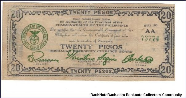 S-509 Mindanao Emergency Currency 20 Peso note. I will accept either monitary offers or reasonable trade for this item. Please see pictures for condition. Banknote