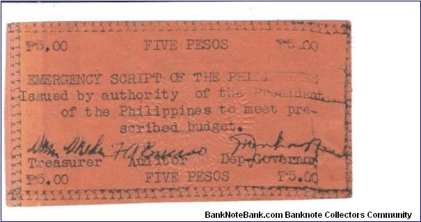 S-126 5 Peso Apayao War note, salmon. Banknote