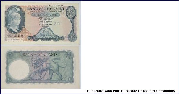 5 Pounds. Britannia Helmet.O'Brien signature Banknote