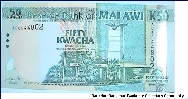 50 Kwacha. To Commemorate the 40th Anniversary of Malawian Independence. Joseph Chilembwe appears as the watermark. P#49 Banknote