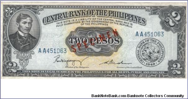 2 Peso Speciman note. Banknote