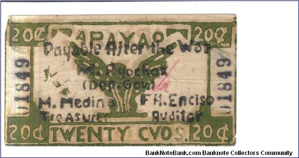 S-105 Apayao 20 centavos note. Banknote