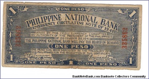 S-215 Cebu 1 Peso note. Banknote