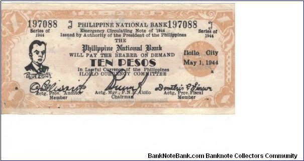S-342 Ilocos 10 peso note. Black overprint date. Banknote