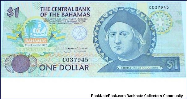 1 Dollar. To Commemorate the Quicentennial of First Landfall by Christopher Columbus. Banknote