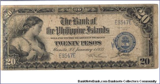 PI-24 The Bank of the philippine Islands 20 Peso note. Banknote