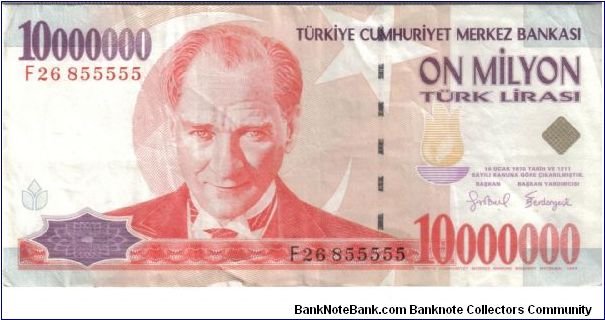 Turkey 1999 10,000,000 liras. 1st series. E 7 - ON MILYON TÜRK LIRASI BIRINCI TERTIP. Great... 10 million... too bad the serial number isn't a straight 5 either. Banknote