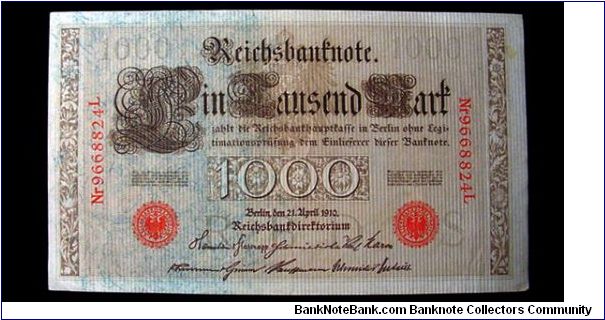 Imperial German Reichsbanknote 1910 RED Seal 1000 Mark Banknote