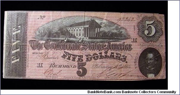 US 1864 Confederate 5 5ollars Banknote