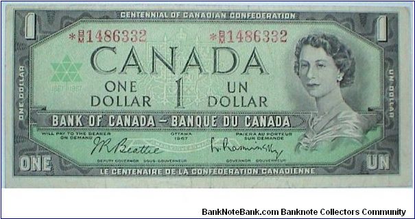 1 Dollar. To Commemorate the  Centenial of Canadian Confederation. Replacement Note. Banknote
