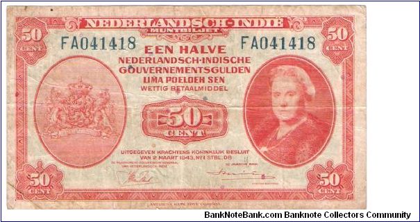 50 cents  Netherlands Indie Muntbiljetten Issue #110 Banknote