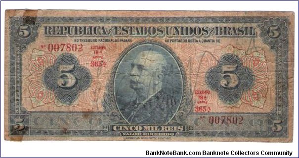 5 mil reis Series  Estempa 19A 365A  #29C Banknote
