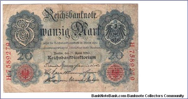 20 Mark Imperial Banknote #40b W/o water mark with 
7 digit serial number H 7589279 Banknote