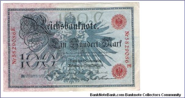 Reichbanknoten IMPERIAL BANK NOTES 1908 ISSUE #33a Red seal and serial and serial # is 29mm long Banknote