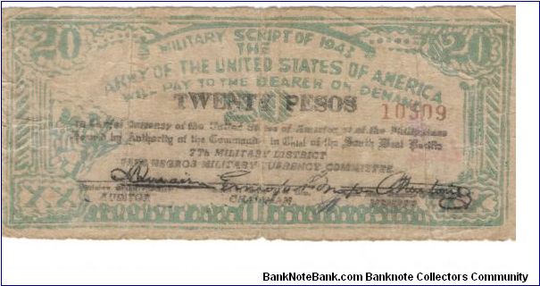 S-716 Army of the United States, Free Negros Military Currency 20 Peso note. Banknote