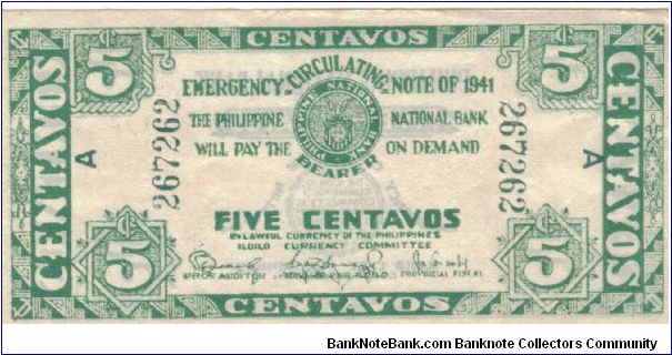 S-301 Iloilo Emergency Circulating 5 centavos note. Banknote